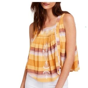 Free People Vintage Striped Yellow Embroidered Women's Tank Top